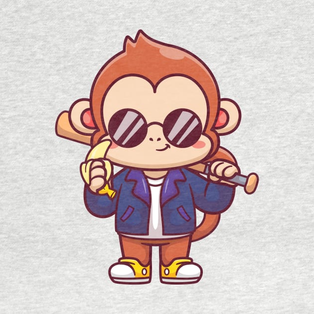 Cute Monkey With Baseball Bat With Jacket And Banana  Cartoon by Catalyst Labs